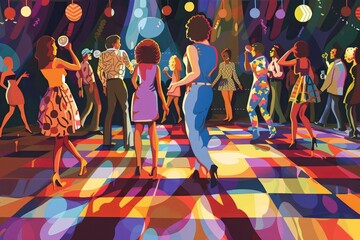 A lively dance party takes place in a vibrant venue filled with colorful lights and disco balls, as guests enjoy the energetic atmosphere and music late into the night