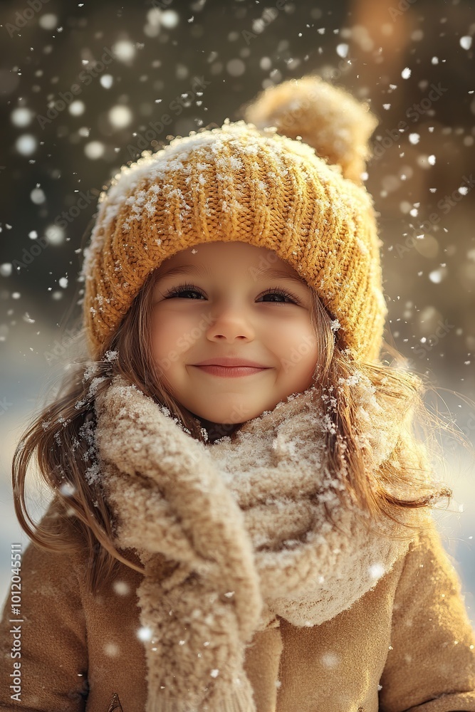 Sticker Cute child boy dressed in winter clothes on blurred park background