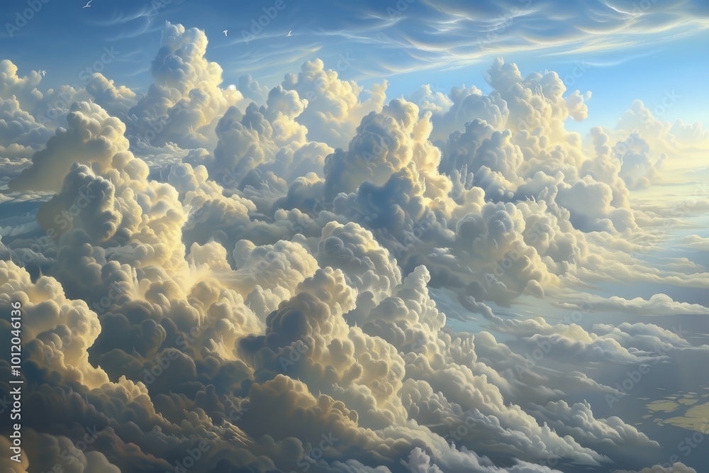 Poster a vast expanse of fluffy white clouds illuminated by sunlight against a clear blue sky, creating a s