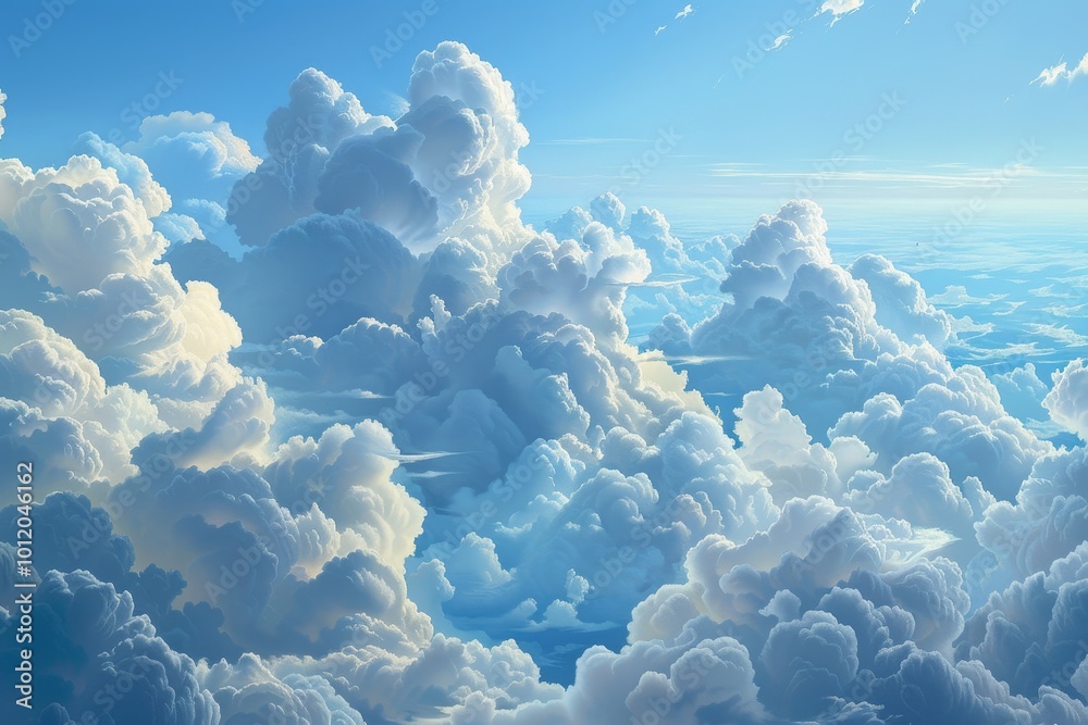 Poster a vast expanse of fluffy white clouds illuminated by sunlight against a clear blue sky, creating a s