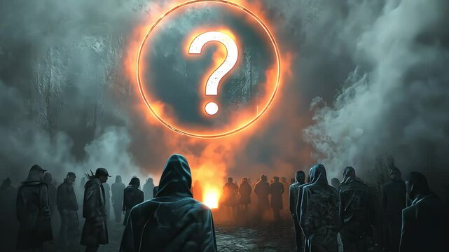 crowd of hooded figures gathering around a glowing question mark, mysterious atmosphere. mystery and enigma concept