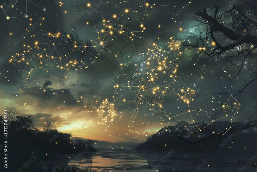 Leinwandbilder A captivating display of interconnected stars and cosmic elements illuminating a dark expanse in a mesmerizing swirl of colors and patterns