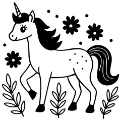 white horse line art  with flowers 