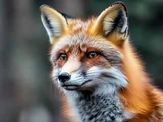 Obraz premium Close-up of a red fox with vibrant fur and sharp features, set against a blurred natural background, showcasing its beauty and alertness.