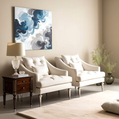 Modern living room interior featuring cozy, plush white sofas a wooden side table with decorative items.