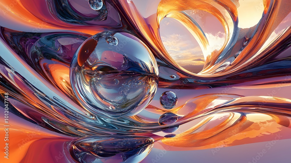 Poster Abstract colorful fluid with bubbles, vibrant swirl pattern.