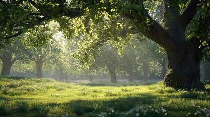 Fototapeta premium A sunlit meadow filled with lush green grass and surrounded by large, leafy trees. The sunlight filters through the branches, casting soft shadows on the ground, creating a peaceful and serene at