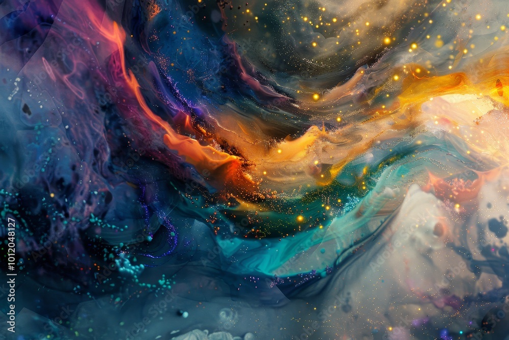 Poster a swirling cosmic galaxy filled with vibrant colors and stars in a deep space setting showcasing the