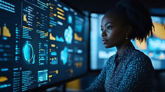 African Financial Data Analysts Using Dashboard On Screens, Generative AI