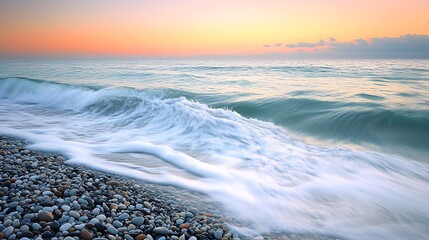 Obraz premium Soft waves breaking on a pebble beach at sunrise.