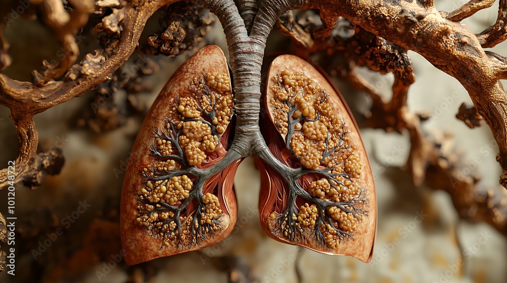 Poster artistic representation of lungs on a textured background.