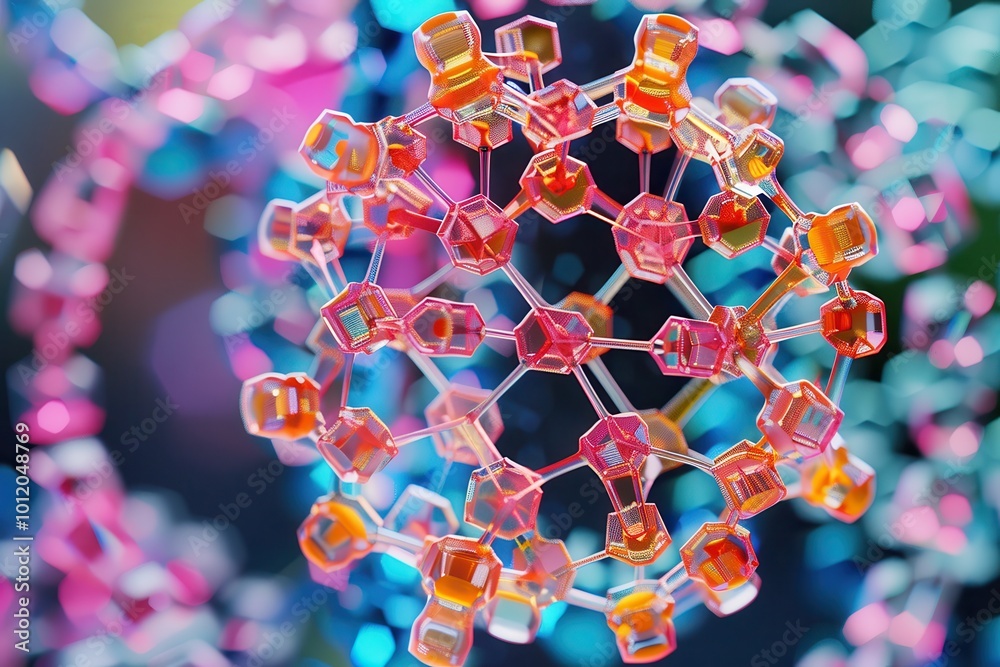 Poster Detailed close-up view of colorful virus models under dramatic lighting, showcasing molecular structure and intricate surface textures in a scientific setting