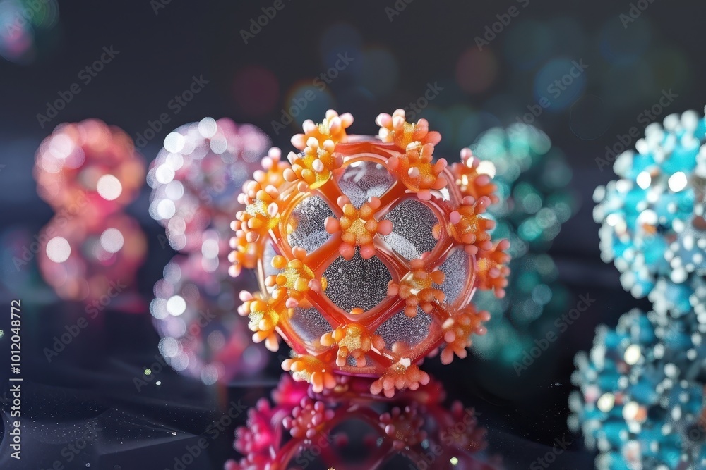 Poster Detailed close-up view of colorful virus models under dramatic lighting, showcasing molecular structure and intricate surface textures in a scientific setting