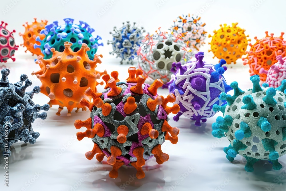 Poster Detailed close-up view of colorful virus models under dramatic lighting, showcasing molecular structure and intricate surface textures in a scientific setting