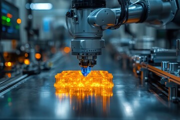 A robotic arm with a blue light at the end is positioned over an array of orange pills on a conveyor belt in a sterile pharmaceutical factory.