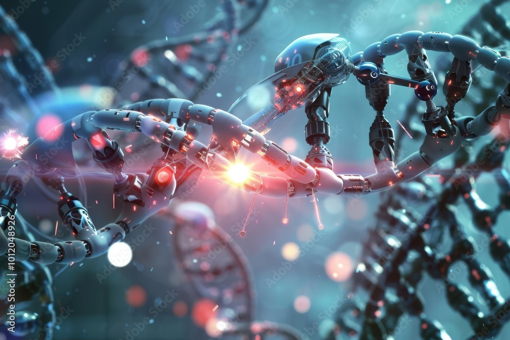 Poster a detailed visualization of dna strands illuminated with glowing atoms, showcasing molecular interac