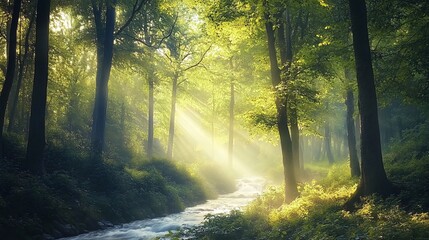 Sunbeams pierce through the misty canopy of a lush green forest, illuminating a flowing stream.