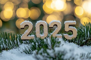 Golden numbers 2025 on snow-covered spruce branches against a background of golden bokeh, postcard for the New Year 2025
