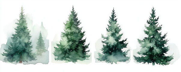 Fototapeta premium Set of watercolor christmas trees, hand drawn on a white background. Christmas card. 