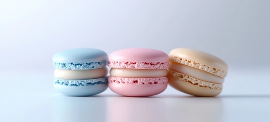 Fototapeta premium A colorful macaroon assortment with pastel hues and smooth, glossy shells, placed on a white surface