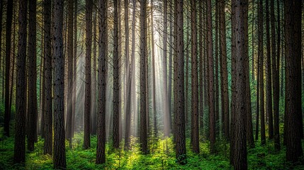 Fototapeta premium Sunlight streams through a dense forest of tall pine trees.