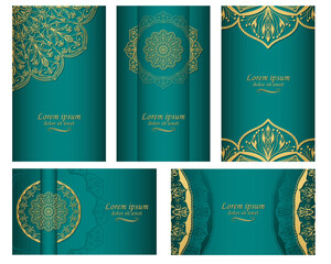 Mandala, gold ornament on green rectangular background. Set of five backgrounds with ethnic patterns. Postcard, invitation, label Illustrator Artwork