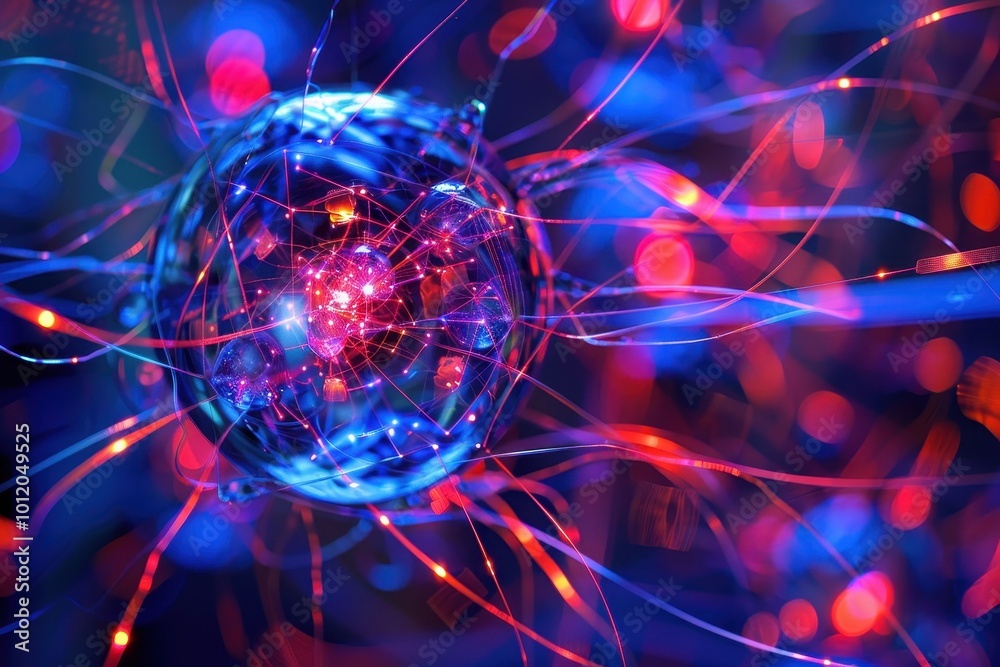Aufkleber an abstract representation of particles interacting with energy in a vibrant cosmic landscape, illus