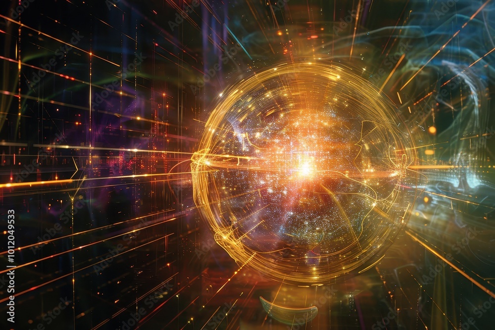 Aufkleber an abstract representation of particles interacting with energy in a vibrant cosmic landscape, illus