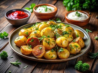 Crispy Allumette Potatoes Served on a Modern Plate with Fresh Herbs and Dipping Sauce on Side