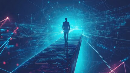 Businessman Navigating an Arrow Bridge Towards Blockchain Technology. AI generated illustration