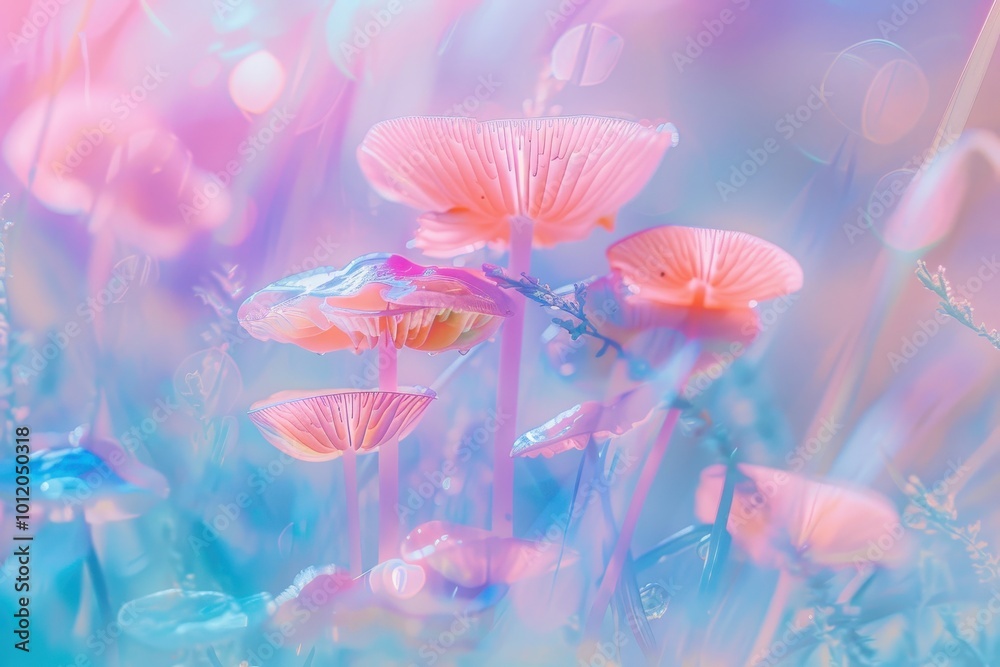 Poster delicate mushrooms growing on a damp forest floor surrounded by ethereal bokeh lights during an earl