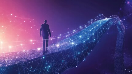 Businessman walking across an arrow-shaped bridge toward futuristic blockchain technology, symbolizing innovation, digital transformation, and financial progress. AI generated illustration.