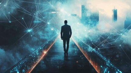 Businessman Navigating an Arrow Bridge Towards Blockchain Technology. AI generated illustration