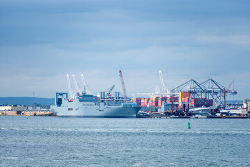 Panorama view of the port and dock yards with moored vessels - Jersey City, NJ, USA.