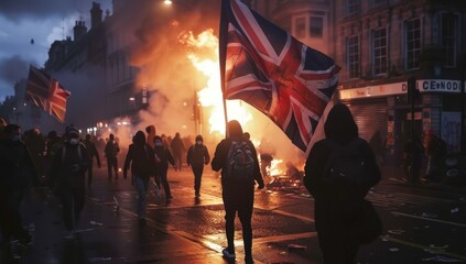 The end of british free speech Censorship, online social media, punishment, British flag and protestors taking to the streets. marching and unrest, Islamophobia, cultural differences