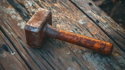 Classic Rust-Covered Hammer on a Wooden Table. AI generated illustration