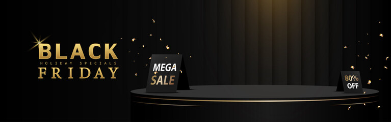 Black Friday Sale concept Stage podium for product display. Modern scene backdrop with Spot light, Price tag. Vector illustration.