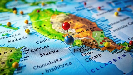 Obraz premium Curacao Highlighted on a World Map with Geographical Features and Bright Colorful Markings