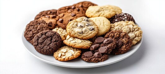A plate of assorted cookie varieties including chocolate chip, oatmeal, and sugar cookies, arranged on a white background