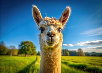 Obraz premium Curious Alpaca with Perked Ears Listening Attentively in a Lush Green Pasture Under Clear Blue Sky