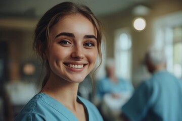 Fototapeta premium Portrait of smiling young veterinarian holding cute dog in vet clinic and consulting client, Generative AI