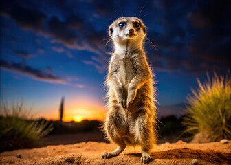 Fototapeta premium Curious meerkat standing upright in the desert, showcasing its alertness and playful demeanor