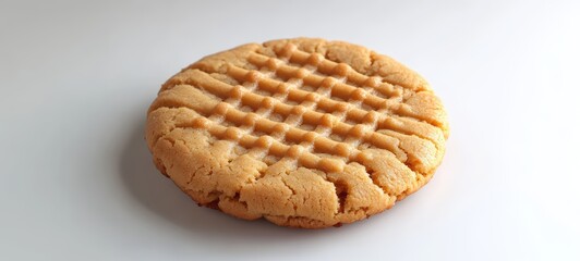A single peanut butter cookie with a classic crisscross pattern on top, positioned on a white surface