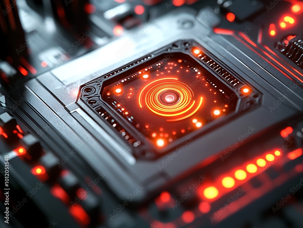 Poster Detailed image of a circuit board with glowing red elements.