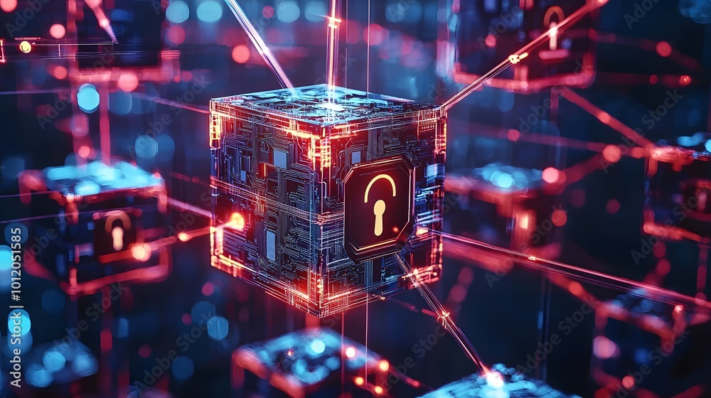 Poster digital lock concept with glowing network connections.