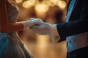 Close up of historical young couple dancing waltz together in ballroom, focus on gloved hands, copy space, Generative AI