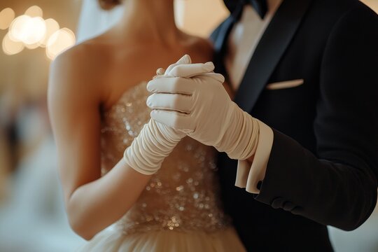 Close up of historical young couple dancing waltz together in ballroom, focus on gloved hands, copy space, Generative AI