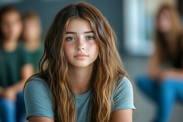 Portrait of young teenage girl in support group circle listening to kids sharing story in mental health therapy, Generative AI
