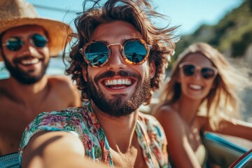 Happy Friends Sitting In Car Enjoying Road Trip, Generative AI