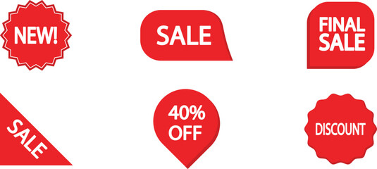 Editable sale and discount icon set of red sale tags and labels. Ad icons. Flat vector illustration on transparent background. Promotion banner, sign for advertisements.